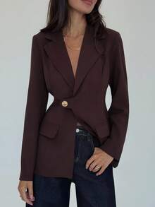 Aloruh 秋冬女士时尚优雅单排扣翻领常规夹克 - 棕色 - 查看 4