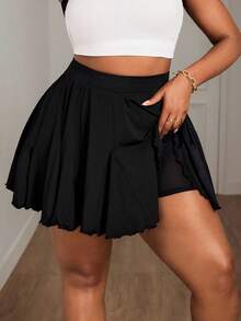 SHEIN PETITE CURVE 大码黑色休闲宽松 A 字裙，时尚，黑色荷叶边裙，短裤 - 黑色 - 查看 4