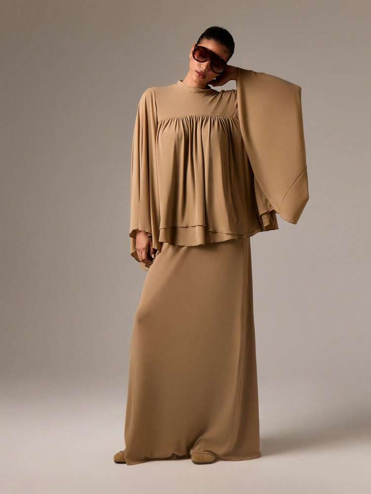 High Neck Ruched Maxi Set With Bell Sleeves