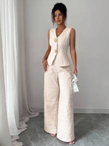 Selianne 女士优雅纹理两件套，粉色，夏季女士夏季裤套装裤套装夏季套装亚麻两件套两件套女士优雅粗花呢两件套 - 卡其色 - 查看 6