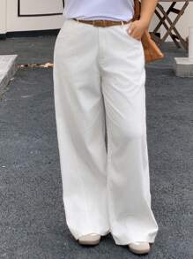 Dazy Plus 大码女式直筒长款白色牛仔裤，四季休闲 - 白色 - 查看 5