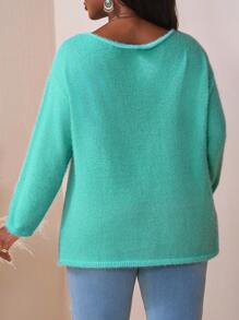SHEIN CURVE+ 大码纯色斜肩针织休闲宽松大码套头衫女秋装，冬季，CURVE PLUS/秋冬 - 綠色 - 查看 2