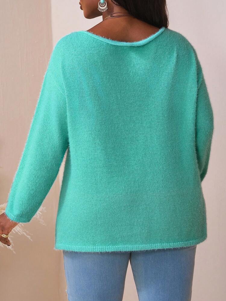 SHEIN CURVE+ 大码纯色斜肩针织休闲宽松大码套头衫女秋装，冬季，CURVE PLUS/秋冬 - 綠色 - 查看 2