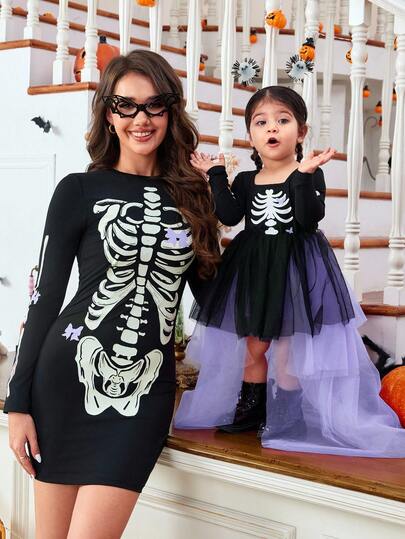 SHEIN 2pcs Baby Girl Cute Cartoon Halloween Knit Contrast Mesh Long Sleeve Princess Dress, Mommy And Me Matching Outfits, Suitable For Halloween Party Mommy And Me Halloween S Mommy And Me Skeleton  Matching Halloween S Halloween S For Girls Mother Daughter Matching Halloween S