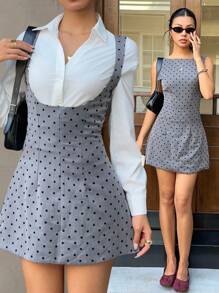 SHEIN EZwear Women's Polka Dot Print Round Neck Sleeveless Mini Fashion Dress,Office Dress,Fall Women Clothes - Grey - View 1