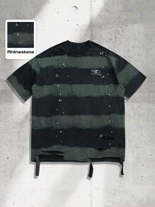ROMWE MEN Street Life Men Striped Print Contrast Color Round Neck Short Sleeve T-Shirt With Rhinestone Distressed Design, 2000s Style - Black - View 4