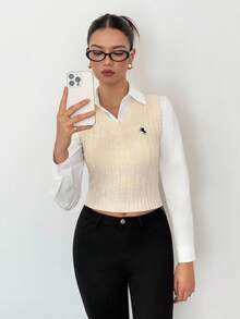 SHEIN Tall Women's Casual Fall Winter Cable Knit Sweater Vest Sweater Vest For Women Preppy Vest Cable Knit Vest,Tops For School In Fall/Winter