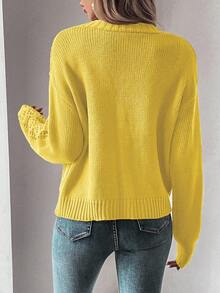 EMERY ROSE Casual Versatile Solid Color Hollow Out Knit Cardigan Knitted Casual Spring Fall Winter - Yellow - View 2