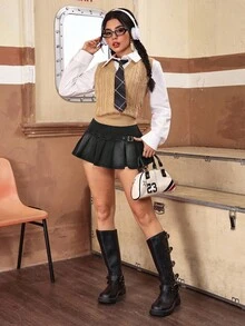SHEIN PETITE 女式褶裥开衩低腰时尚夏季百搭牛仔迷你裙 - 黑色 - 查看 4
