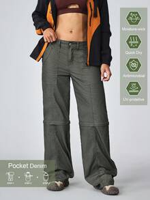 女式休闲低腰直筒可拆卸牛仔裤 - 軍綠色 - 查看 1