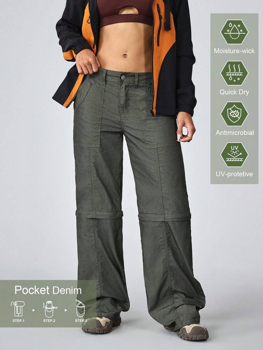 女式休闲低腰直筒可拆卸牛仔裤 - 軍綠色 - 查看 1