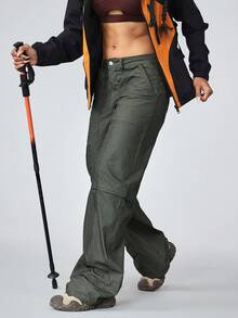 女式休闲低腰直筒可拆卸牛仔裤 - 軍綠色 - 查看 5