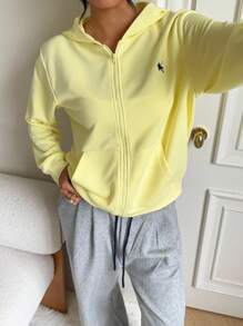 SHEIN EZwear Light Yellow Knitted Hooded Women's Rider Print Long Sleeve Zip-Up Sweatshirt Yellow Hoodie Women Yellow Sweatshirt In Fall/Winter