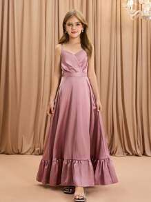 Tween Girl Elegant Luxurious Pink Spaghetti Strap Long Fitted Formal Dress, Suitable For Party, Banquet, Vacation, Evening Party, Wedding, Flower Girl, Christmas, Halloween, Performance, Birthday, Graduation, Back To School And Other Occasions - Pink - View 3