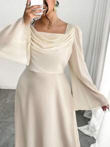 Modelyn 大码拼接束腰长袖 A 字连衣裙 - 杏色 - 查看 1