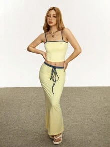 INAWLY 女式两件套条纹装饰吊带背心和迷你裙 - 黃色 - 查看 3