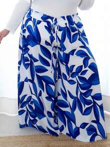 Pretty and Ole Plus Size All-Over Print Belt Tie Waist Wide Leg Pants - Blue - View 10