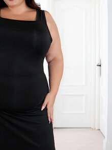 Plus Size Solid Square Neck Sleeveless Dress Maxi Women Outfit - Black - View 3