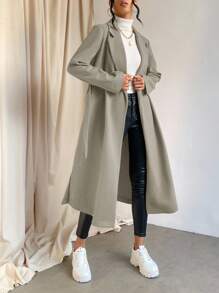 EURMUSE Women's Lapel Collar Split Hem Belted Coat - Mocha Brown - View 1