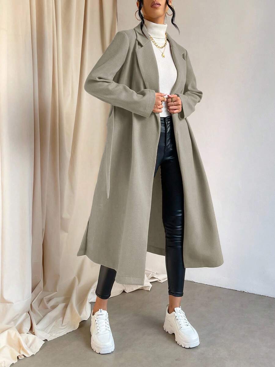 EURMUSE Women's Lapel Collar Split Hem Belted Coat - Mocha Brown - View 1