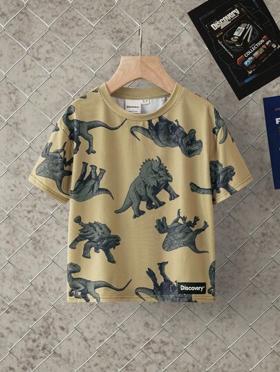 Discovery X SHEIN Camiseta de punto de cuello redondo de manga corta con estampado de dinosaurio, de corte holgado y casual para niño, para verano