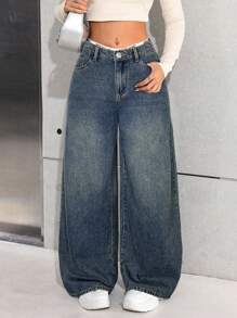 SHEIN Teen Girl Y2K Basic Blue Denim Thermal Lined Loose Fit Pants, Autumn/Winter, Fall - Dark Wash - View 7