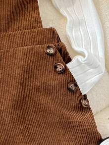 SHEIN Bộ đồ liền thân 2 món vải nhung kẻ sọc có nút cài điều chỉnh được cho bé gái mùa thu/đông, quần yếm màu trơn dệt kim và áo thun cổ lọ tay dài ôm vừa vặn, màu nâu, phù hợp mặc thường ngày, ngày lễ, ở nhà, trở lại trường - màu nâu - Xem 4