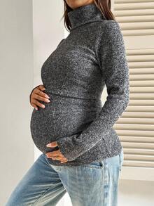 SHEIN 孕妇高领长袖休闲百搭哺乳上衣 - 灰色 - 查看 3