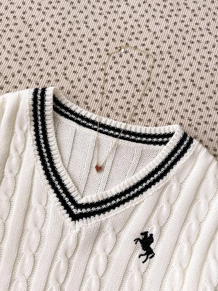 SHEIN 青少年女孩简约纯色V领长袖毛衣，休闲日常穿着，秋冬长袖上衣，学院风V领长袖毛衣，刺绣毛衣 - 黑與白 - 查看 5