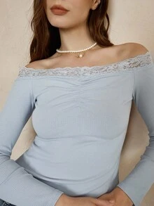 INAWLY Camiseta de moda de manga larga con hombros descubiertos, volantes y parches de encaje acanalado azul para mujer - Azul - Ver 6