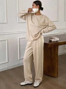 DAZY Women's Casual Solid Color Round Neck Top And 3/4 Pants 2 Pieces Set, Autumn,Fall Women Clothes Tracksuits Women Set Lounge Sets For Women - Apricot - View 6