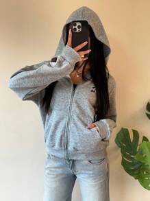SHEIN EZwear Grey Knit Hooded Cherry Print Women Sweatshirt, Suitable For Autumn/Winter, Back To School Season, Airport Hoodie,Zip Up - Grey - View 3
