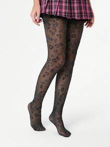 ROMWE Goth 1 par de medias de estampado de leopardo con hilo plateado oscuro gótico - Negro - View 3