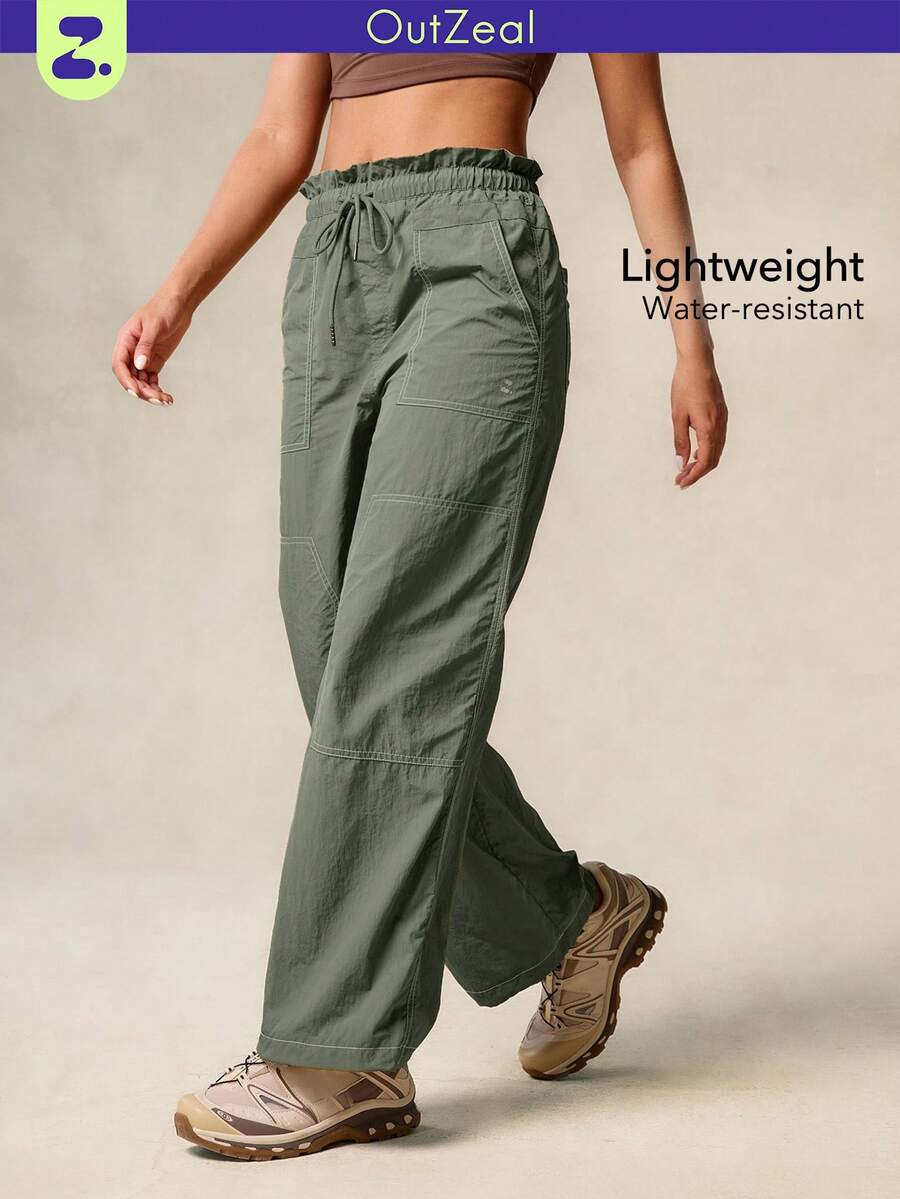 OutZeal Women Outdoor Pants Camping Hiking Water-Resistant Drawstring Waist Lightweight Wide Leg With Pockets - Army Green - View 1
