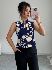 Elenzga V-Neck Silhouette Print Half-Placket Sleeveless Shirt