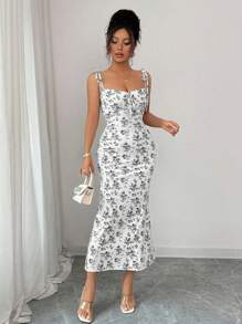 Rafferiza 女士优雅蝴蝶印花长裙 - 黑與白 - 查看 5