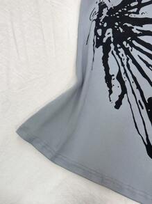 INAWLY 女士时尚休闲性感不对称蝴蝶印花 T 恤 - 灰色 - 查看 5