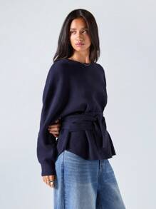 LYSMO 2025秋冬新款/女士纯色圆领落肩长袖腰带休闲毛衣/秋季女装/秋季女装/秋季上衣/冬季女装/返校季/返校季/返校季女装/校园上衣/返校节/万圣节/万圣节/万圣节女装/万圣节服装/万圣节服装/圣诞节/教师/外出女装/约会女装/外出上衣/商务休闲女装/哥特女装/基础款上衣/韩版/波西米亚风/Y2K/藏蓝色，女士毛衣 - 黑色 - 查看 6