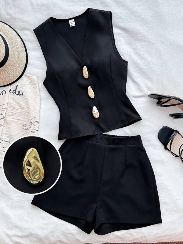 2pcs Black Minimalist Sleeveless Shorts Set, Elegant Commute Vacation Outfit For Teen Girls, Suitable For Spring/Summer, Festivals, Parties, Dates, Beach, Cruises, Carnivals, Easter, Chinese New Year