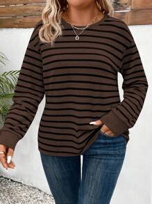 SHEIN Women's Striped Pattern Print Crew Neck Long Sleeve Casual Versatile Plus Size T-Shirt, Autumn/Winter Fall Cloth For Women - Multicolor - View 4