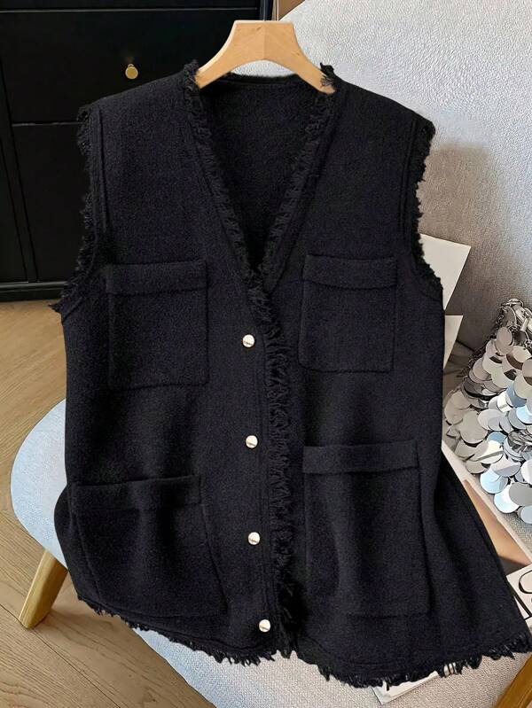 Regalyn Plus Size Casual Solid Color Woolen Vest, V-Neck Fringe Jacket