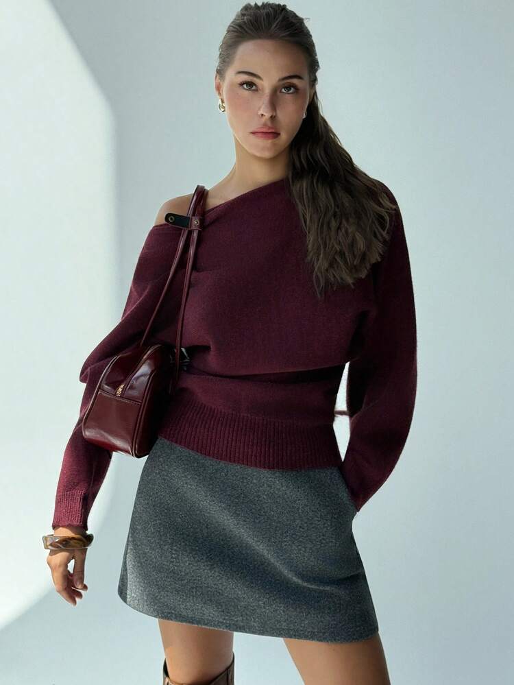 Aloruh Nuevo suéter de punto con mangas de murciélago y cuello redondo, parte superior holgada y Bottom ajustada para estilizar, versátil jersey rojo vino retro - Burdeos - Añade 5