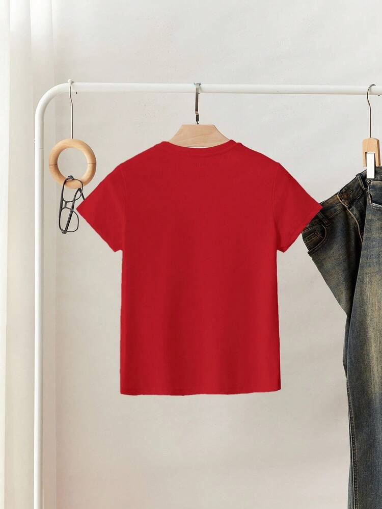 SHEIN Women's Standard Size Round Neck Short Sleeve Beaded Heart Shaped T-Shirt, Regular Shoulder - Red - View 2