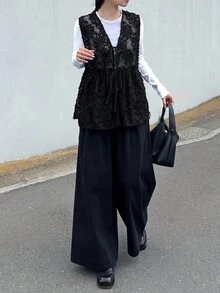 FRIFUL 女士V领纹理宽松无袖背心外套黑色背心女款黑色背心黑色系带背心薄纱黑色背心背心上衣女式外套 - 黑色 - 查看 5