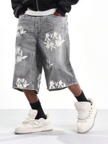 PLAYBOY X SUMWON Pantalones cortos de mezclilla holgados y anchos con estampado de conejo, de corte medio, de estilo suelto, estilo patinador, estilo urbano, moda de verano - Azul - Ver 4