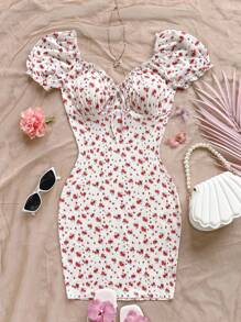 Soleia 碎花前打結褶邊泡泡袖緊身連衣裙 - 彩色 - 查看 3