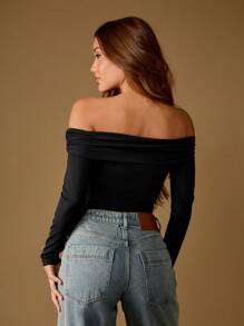 MISSGUIDED 优雅露肩长袖紧身衣褶皱领口芭蕾紧身衣合身无缝裹身晚会弹力紧身衣 - 黑色 - 查看 2