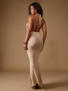 MISSGUIDED Robe longue en maille, robe de soirée de mariage dos nu fourreau, robe de soirée longue sans manches pour invité de mariage - Kaki - Voir 2