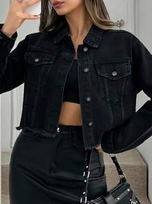 EURMUSE Women's Front Button Long Sleeve Pocket Simple Jacket, Casual Daily Wear - Black - View 5