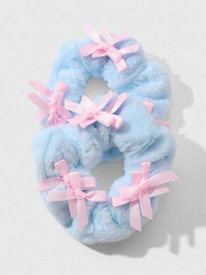 Kawaii 2pcs/Set Cute & Elegant Blue Plush & Pink Ribbon Bow Decor Hair Scrunchies, Versatile For Women, Suitable For Daily Wear And Gifts